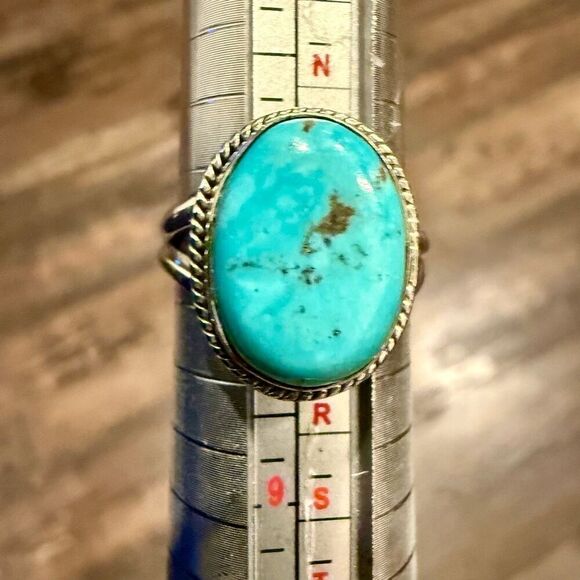 Oval Kingman Turquoise  Double Band Ring Southwestern Sterling Silver Size 7 - Picture 2 of 4